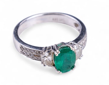 14K White Gold, Emerald & Diamond Ring