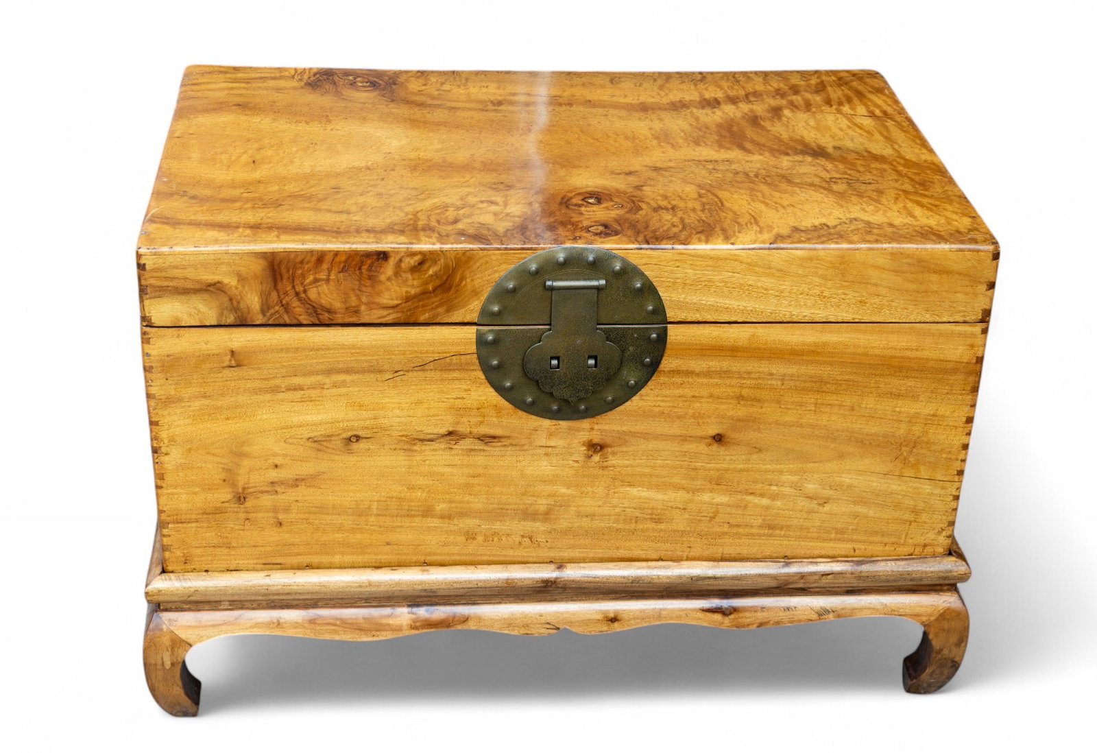 2-Piece Campher Wood Chest on Stand: A 2-piece campher wood chest on stand with dovetailed joinery. Measures approx. 24.5" H x 36" W x 21" D.