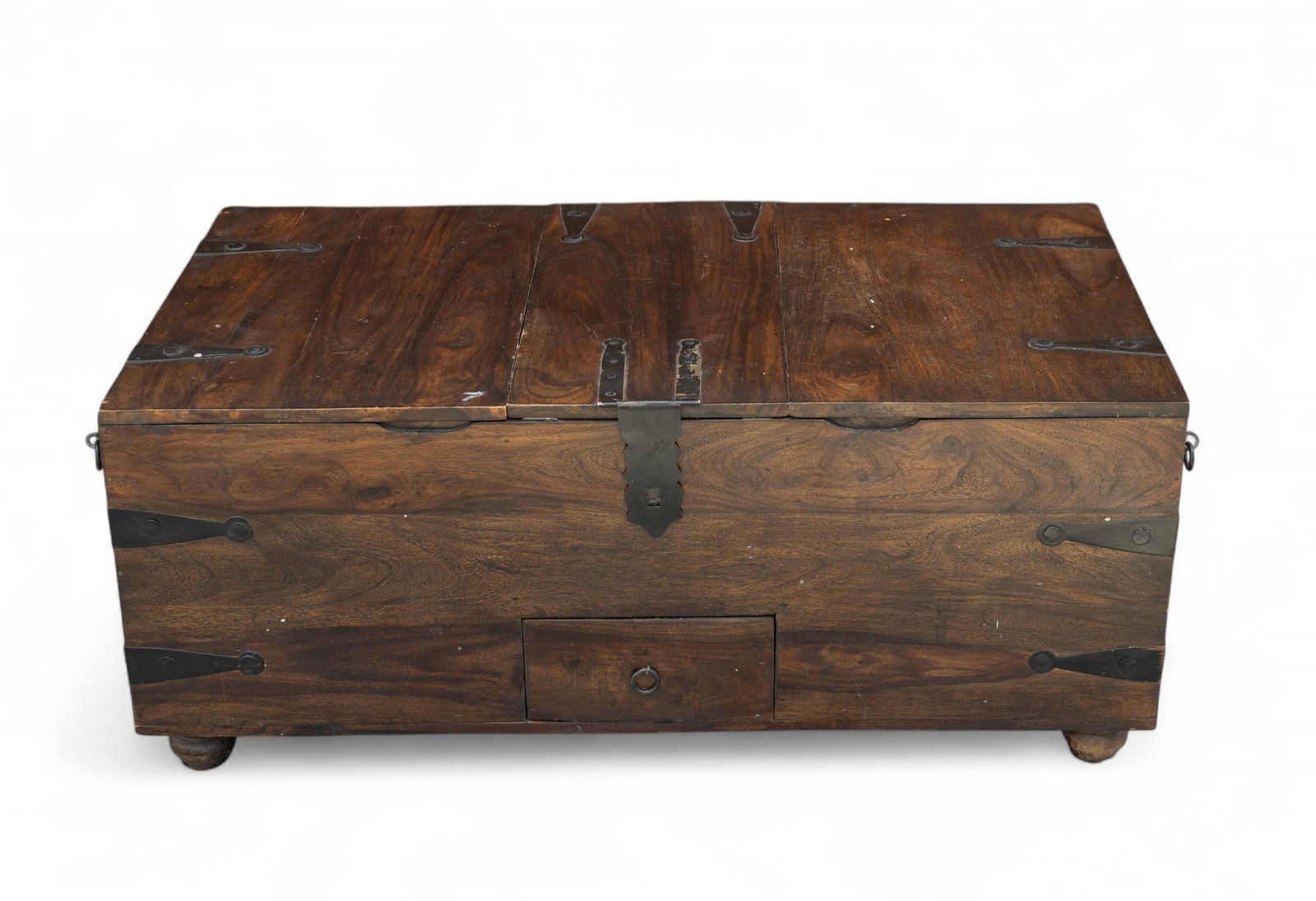 20C Unusual Asian Chest w/ Compartments: A compartmental Asian chest with iron mounts resting on bun feet. Standing approx. 18" H x 44" W x 24.5" D.
