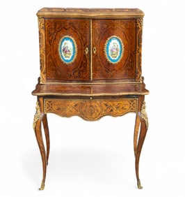 French Marquetry Desk w/ Ormolu Mounts, Plaques