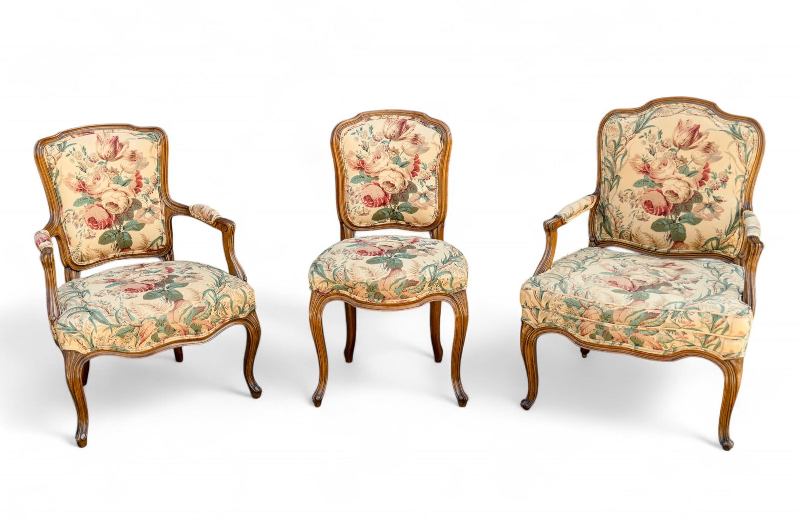 French-Style Parlor Chairs, 3 Similar.: 3 high-style parlor chairs. Largest chair measures 35.5" H x 27" W x 28" D.