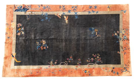 Art Deco Chinese Rug Black Field Pink Border