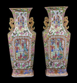 Chinese Rose Medallion Vase Pair, Squared Forms