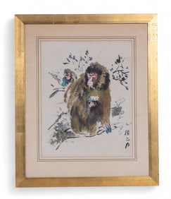 Japanese Watercolor on Silk, Monkeys / Gibbon