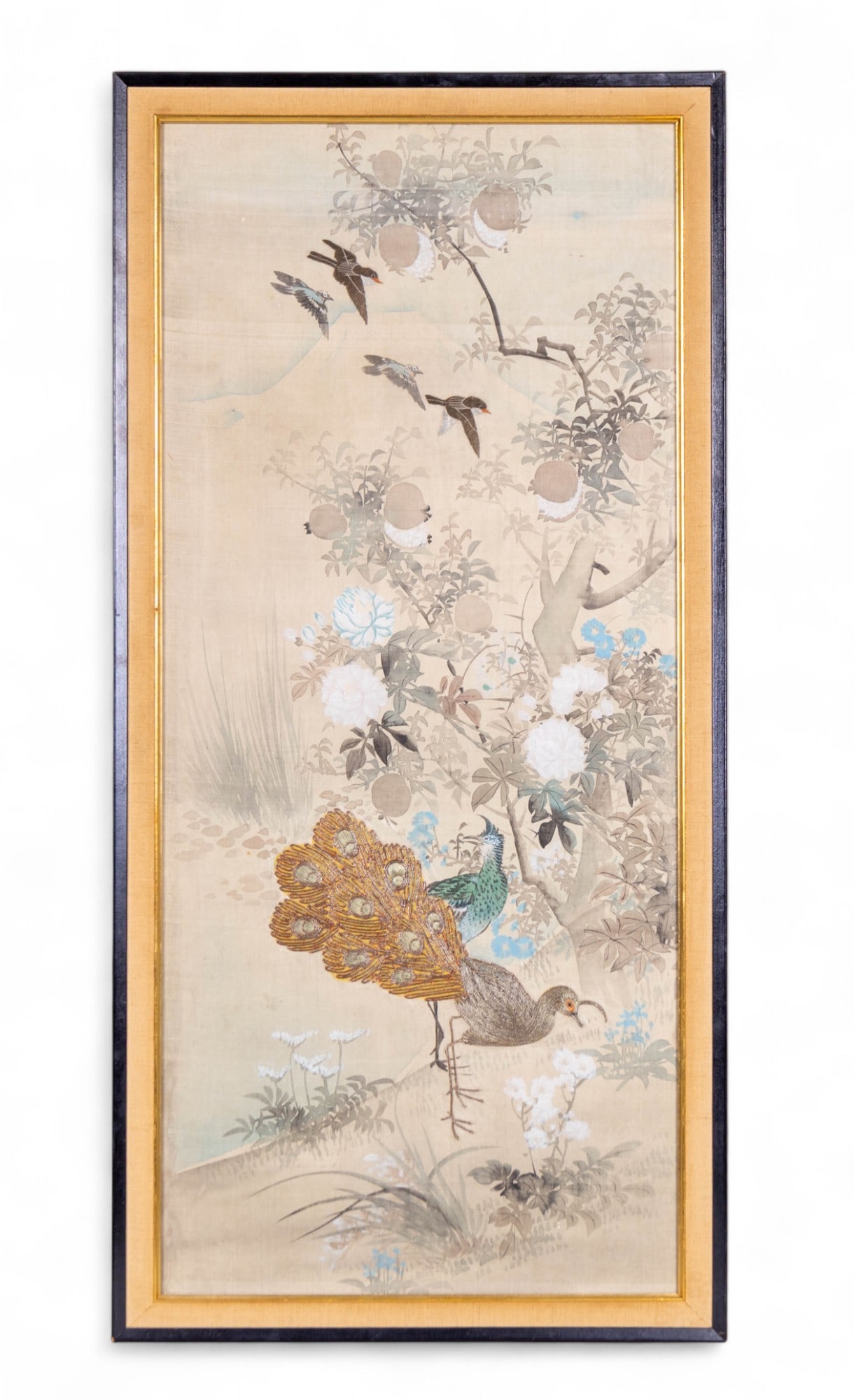 Chinese Wirework and Embroidery Watercolor on Silk: A fine framed Chinese watercolor on silk featuring embroidered birds and wirework embroidery, measures approx. 20.5" W x 43" H.