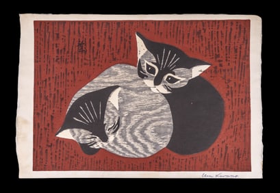 'Two Kittens' Kawano (Japan, 1916-1965) Woodblock