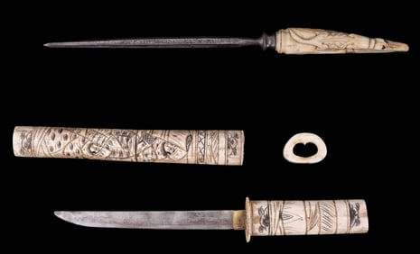 Asian Carved Nat. Mat. Dagger, Sheath, Sharpener