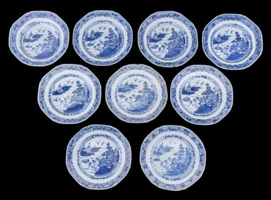 Asian Blue & White Porcelain Plates (9Pcs)