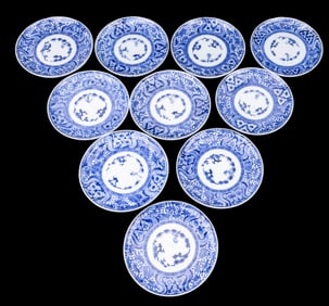 Antique Japanese Blue & White Imari Plate Set (10)