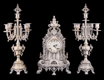 Olympus Brass Baroque Clock & Candelabra Set