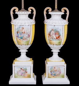 19th C Handpainted Porcelain Urn Lamp Conversions