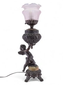 Antique Bronze Figural Lamp with Cherub