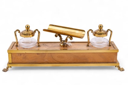 Brass and Burlwood Inkwell