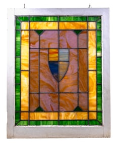 19th C Leaded Slag and Colored Glass Pane, Framed