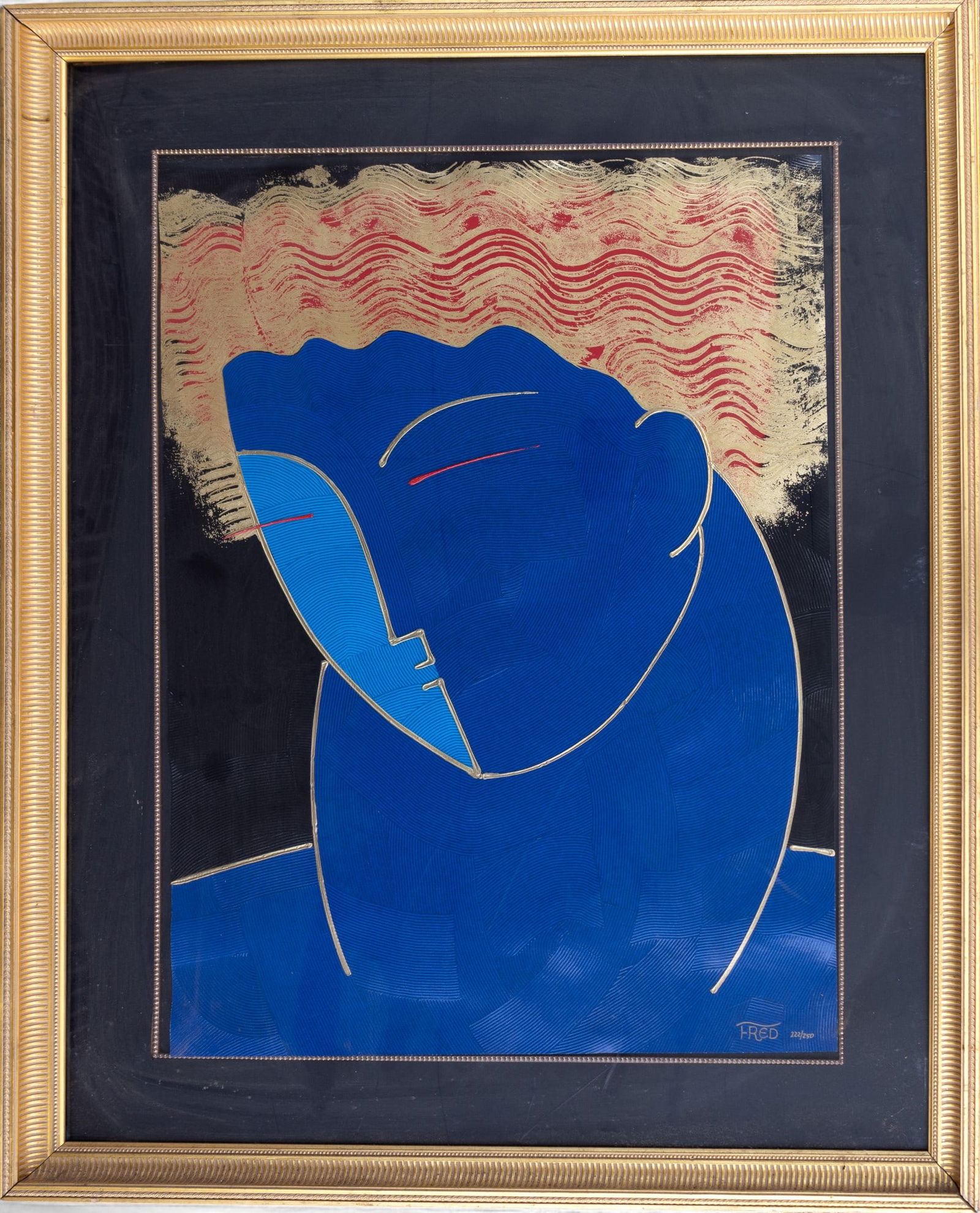 Fred Stepanian Signed Serigraph Apollo: Fred Stepanian (American, 20th c.) signed serigraph titled Apollo, depicting stylized blue figure with gilt and red textured accents. Measures approx. 53.25" H x 43.75" W.