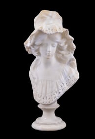 Alabaster Bust of Young Woman w/ Hat