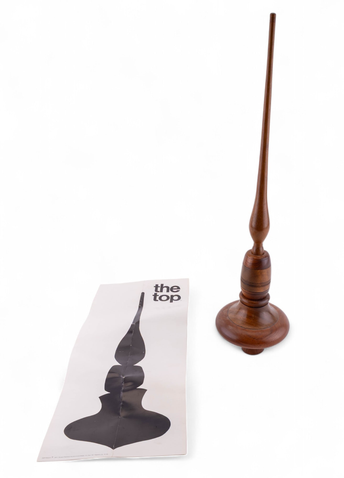 Richard Patterson Sculptural Spinning Top: "The Top" a Large hand-turned hardwood sculptural spinning top by Richard Patterson. Accompanied by original box and pamphlet. Measures approx. 23.5" H (on base).