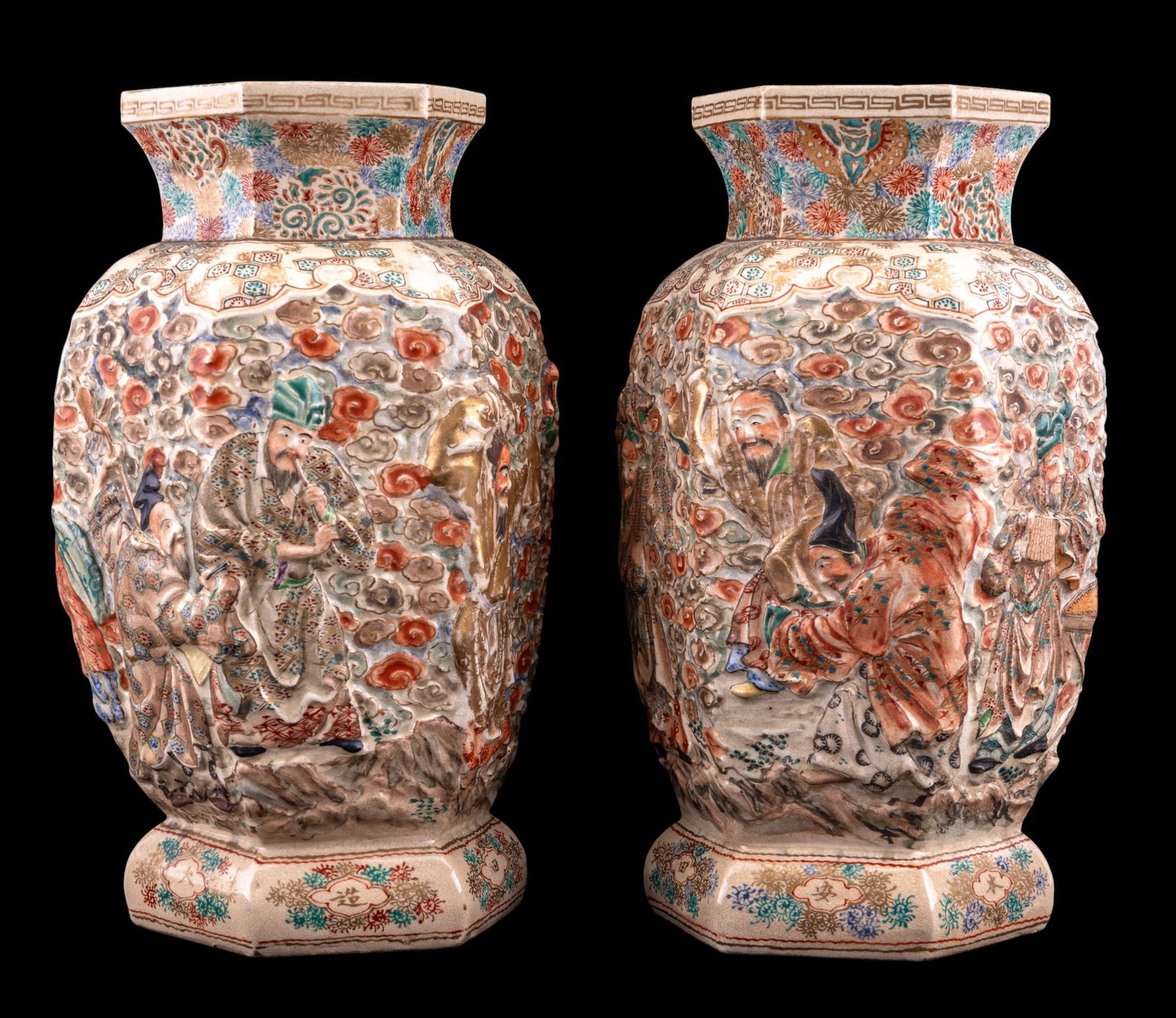 19th C Japanese Satsuma Hexagonal Vase Pair (1 of 12)