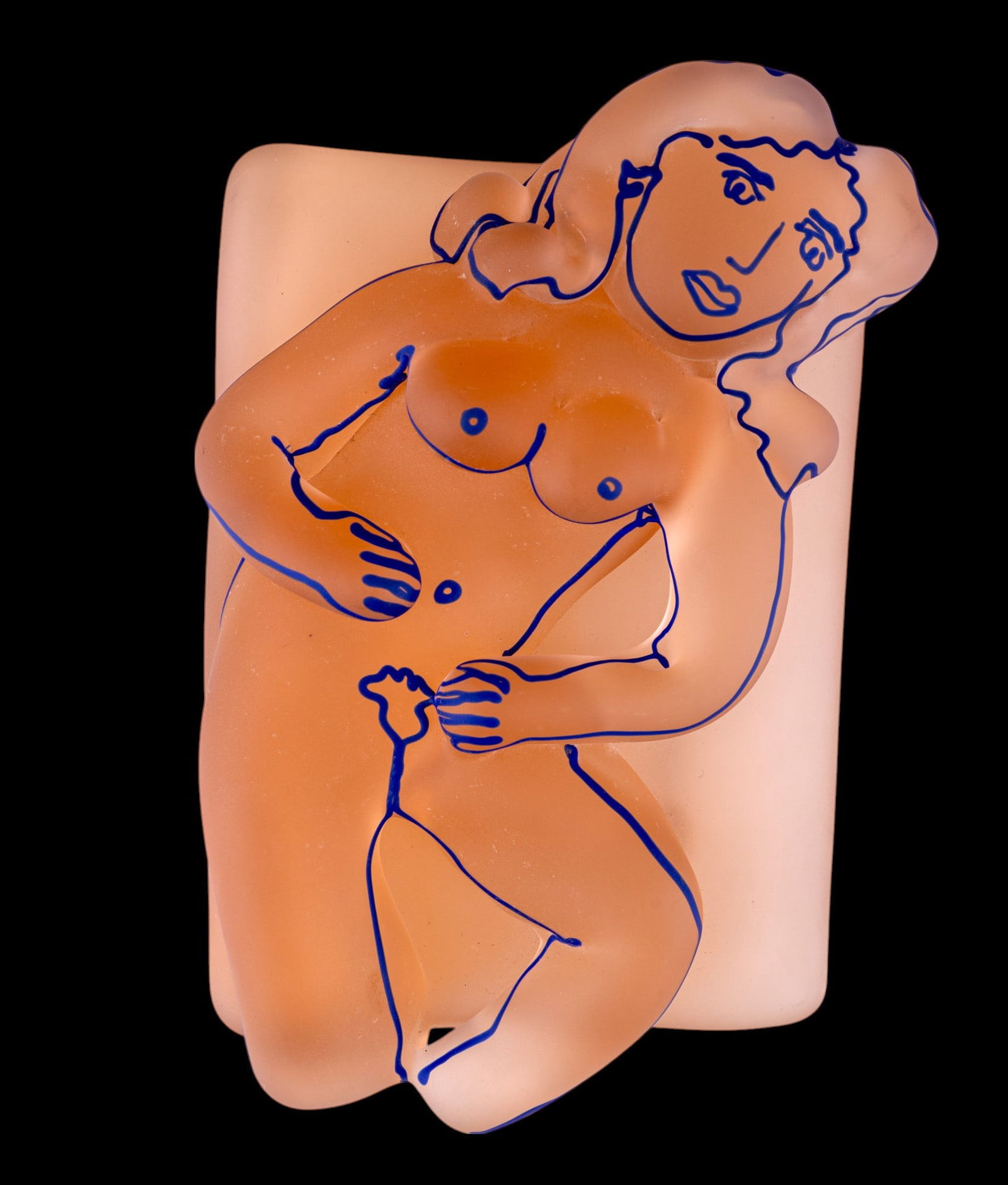Richard Jolley (American 1952-) Glass Art Plaque: Modern nude relief frosted peach colored blown glass wall plaque by renowned glass artist Richard Jolley (American, b 1952-present), signed and dated 1988 on the back, and the work measures approx. 7"