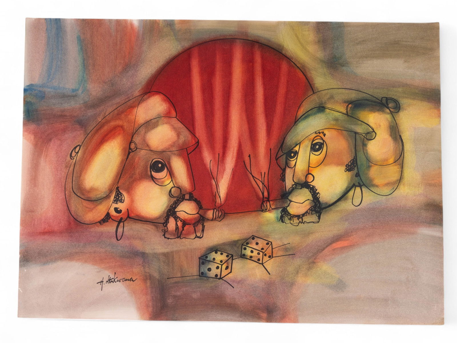 Hargreaves Ntukwana (1938-1998, South African): Colorful mixed media work on paper depicting 2 stylized figures in warm earth tones with whimsical details, signed H. Ntukwana at lower left. Measures approx. 19.5" H x 27.5" W.