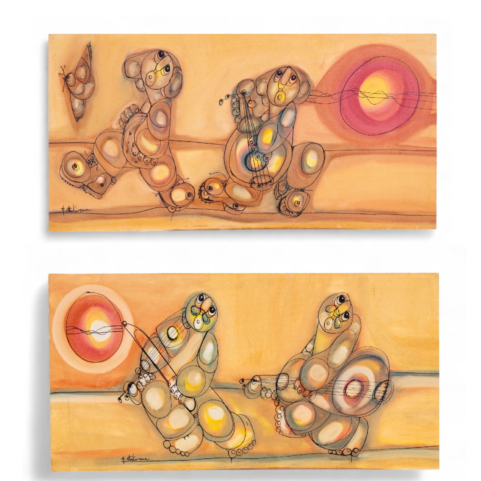 Hargreaves Ntukwana (1938-1998, South African): A pair of mixed media abstract figural compositions by South African artist Hargreaves Ntukwana, each depicting whimsical, rounded figures with musical instruments in warm earth tones. Both signed H.