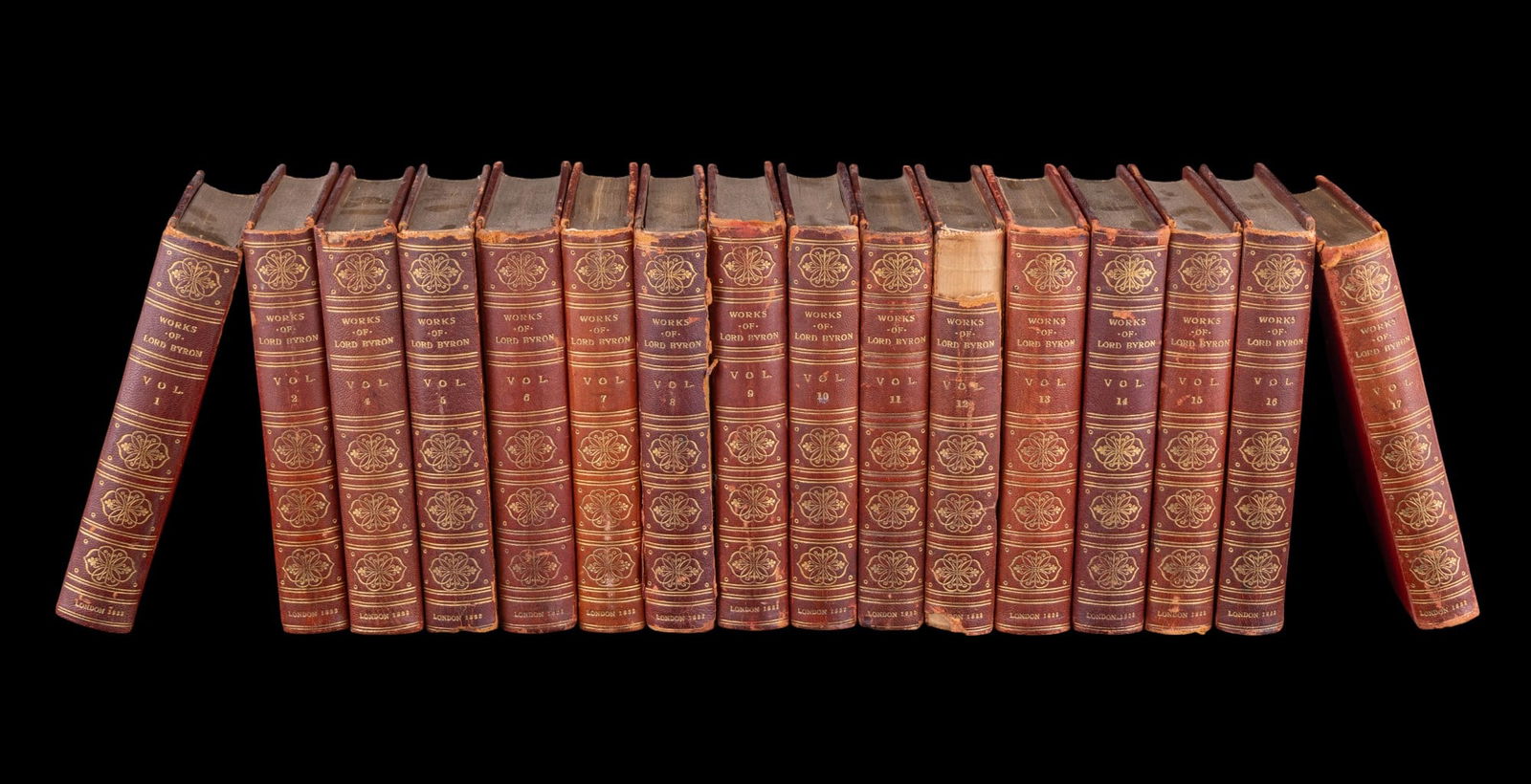 Antique Leather Bound Book Set c.1833 w/ Byron: A partial set / collection of antique leather bound books featuring the works of Lord Byron, published John Murray c. 1833, includes volumes 1-17, with the exception of volume 3, note loose and detach