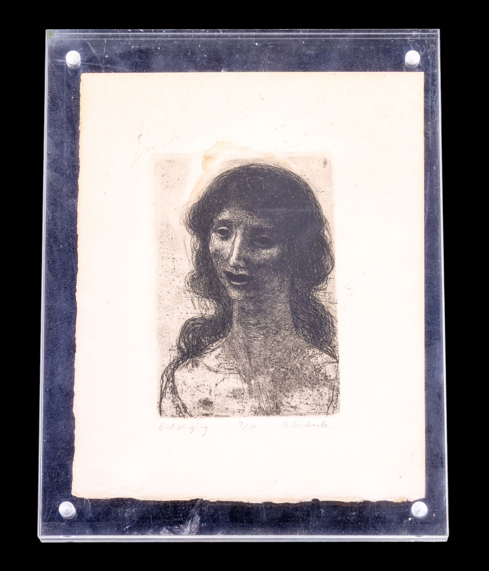 David Bumbeck Etching "Girl Singing" Signed: An etching on paper by American artist Bumbeck (b. 1940) titled "Girl Singing". Pencil signed "D. Bumbeck" lower right, titled lower left, and numbered "3/10" at center. Housed in acrylic. Measures ap