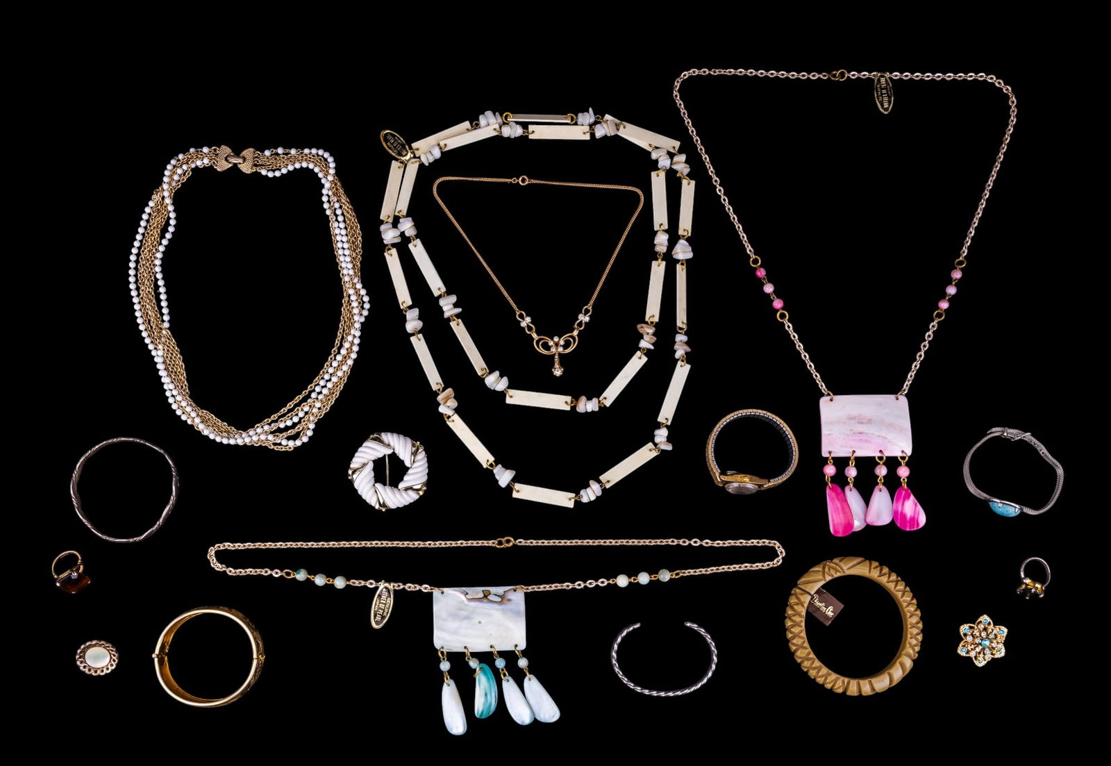 Mother of Pearl, Bangles, Brooch: Jewelry pieces, including bangle and other bracelets, three necklaces tagged as genuine Mother of Pearl from Japan, fashion rings, pins, and other assorted jewelry.