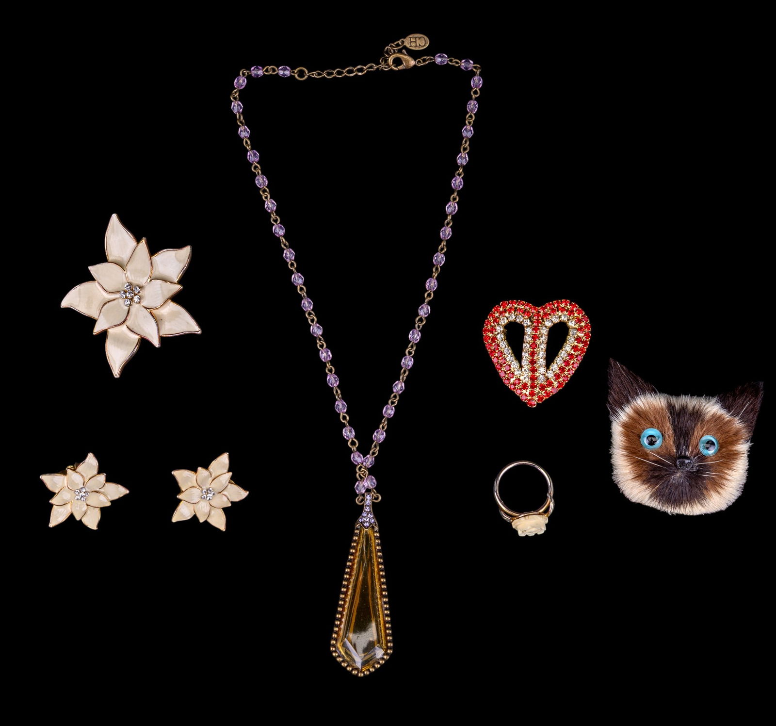 Eisenberg Ice and Vintage Jewelry: Eisenbere Ice modern enamel white crystal pin and earrings, necklace, more.