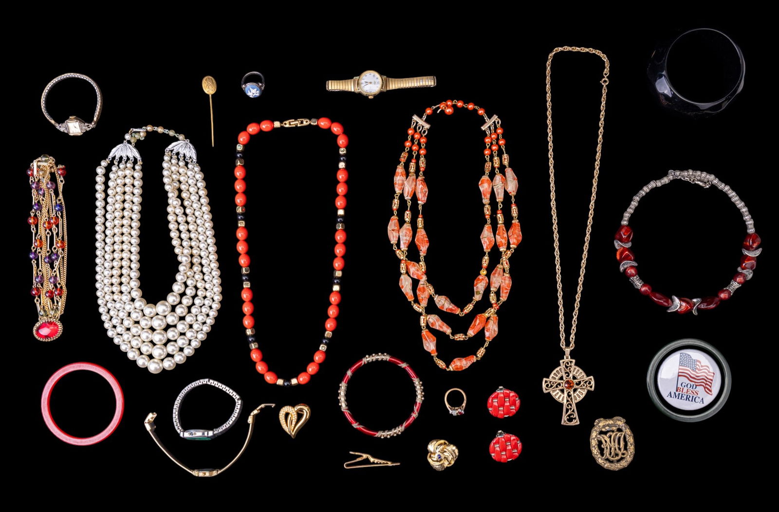 Vintage Estate Jewelry: Includes vintage retro pearl style necklaces, black Monet and other bracelets, Pulsar & Eagles vintage watches, as found condition, and more.