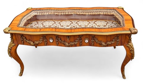 Tulip Wood Vitrine Display Table, Fr., Porc Plaques