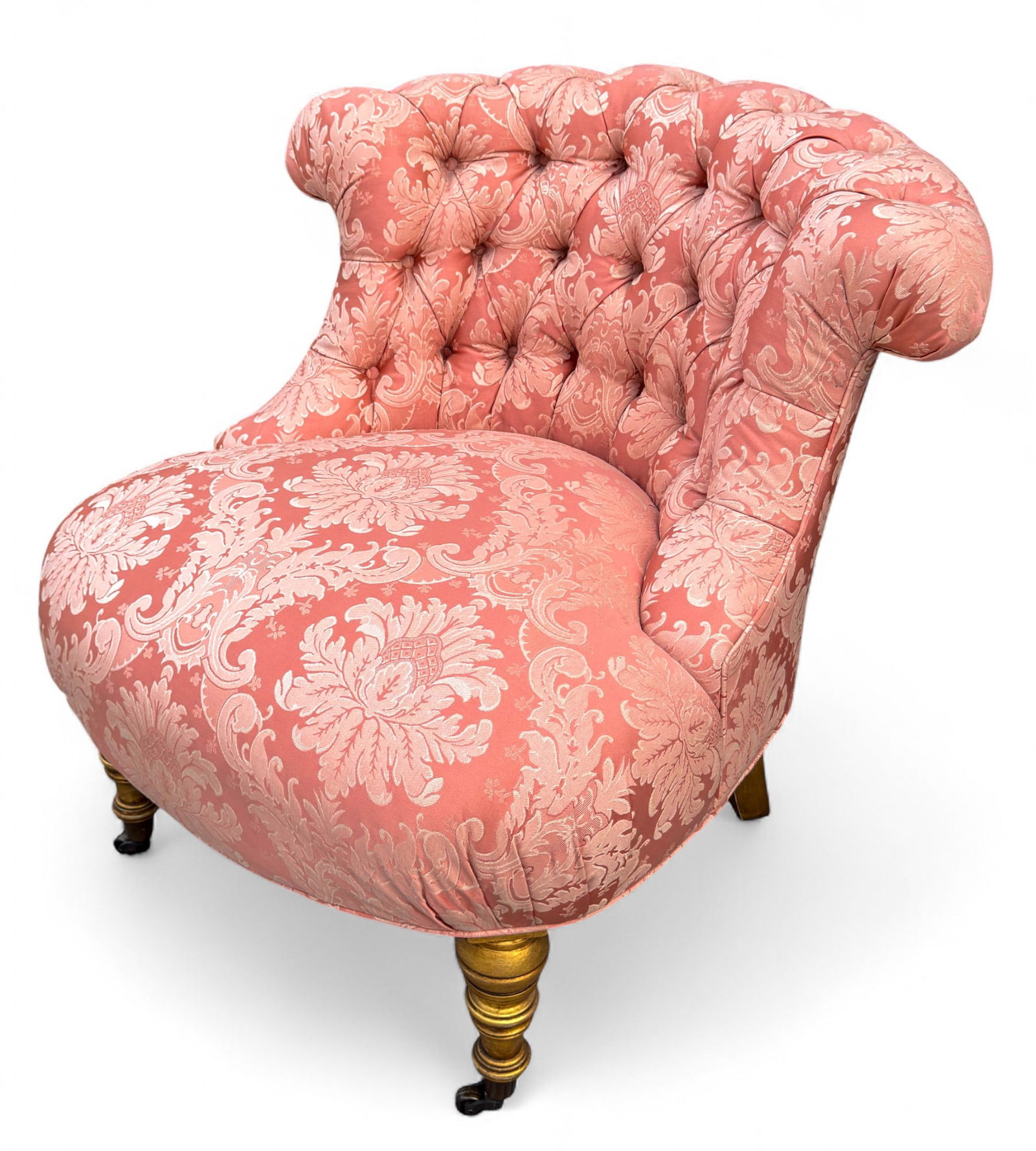 Vintage Schoonbeck Henredon Tufted Chair: Henredon French tufted game chair or lounge chair labeled from the Schoonbeck Collection. Salmon / Rose colored tufted damask upholstery. Measures approx. 33" H x 31" W.