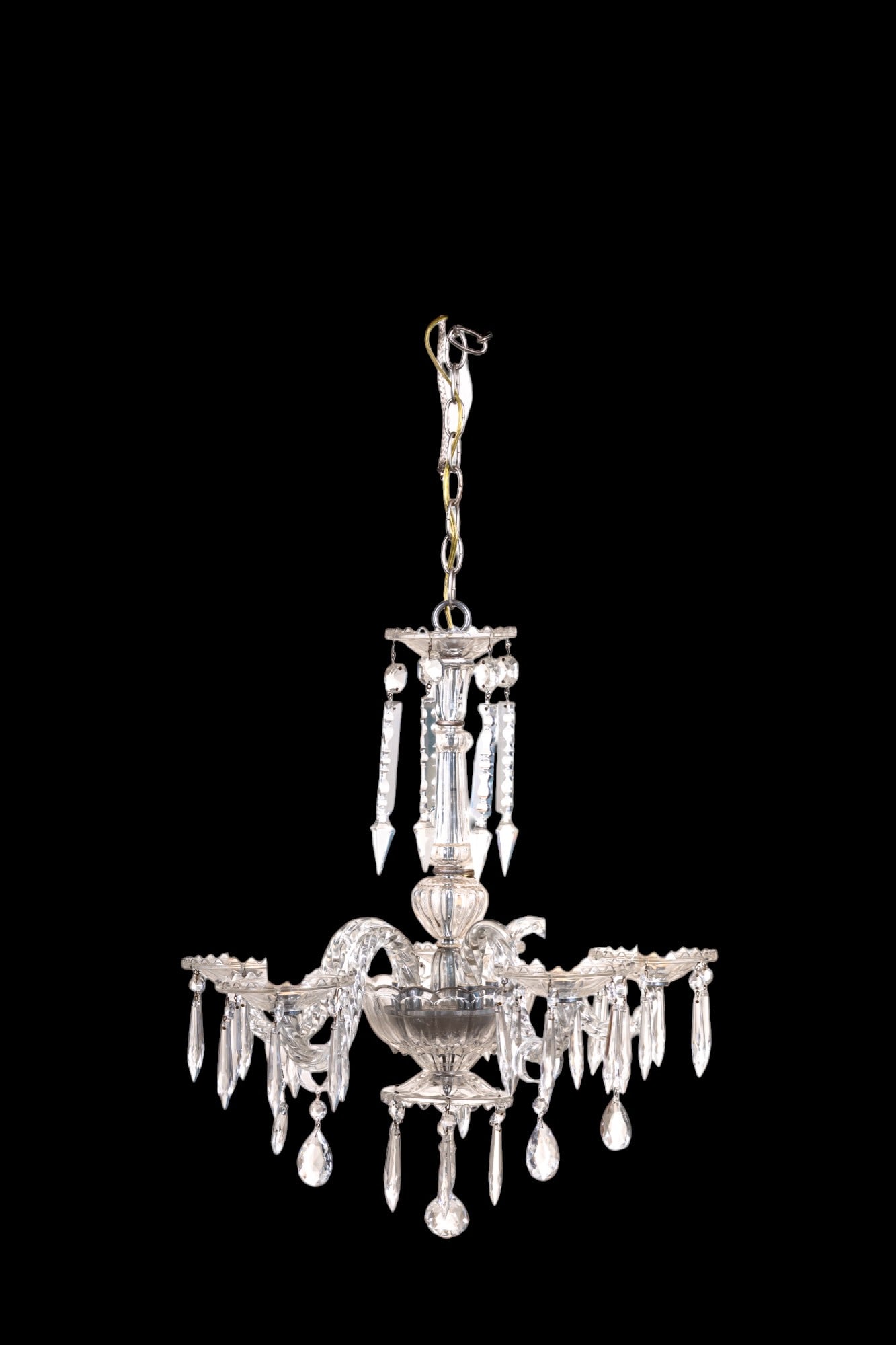 5 Light Crystal Chandelier attr Baccarat: 5-light chandelier attributed to Baccarat, featuring 5 curved arms with dangling rings and drop, scalloped bobeches, spear prisms / faceted crystal prisms (2 of 6 long central missing) and pendant dro
