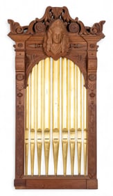 Carved Walnut Arched Panel w/ Faux Organ Pipes