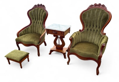 Victorian Chairs, Ottoman, Marble Top Lyre Table