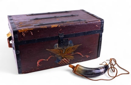 Folk Art Eagle Decorated Trunk + Powder Horn