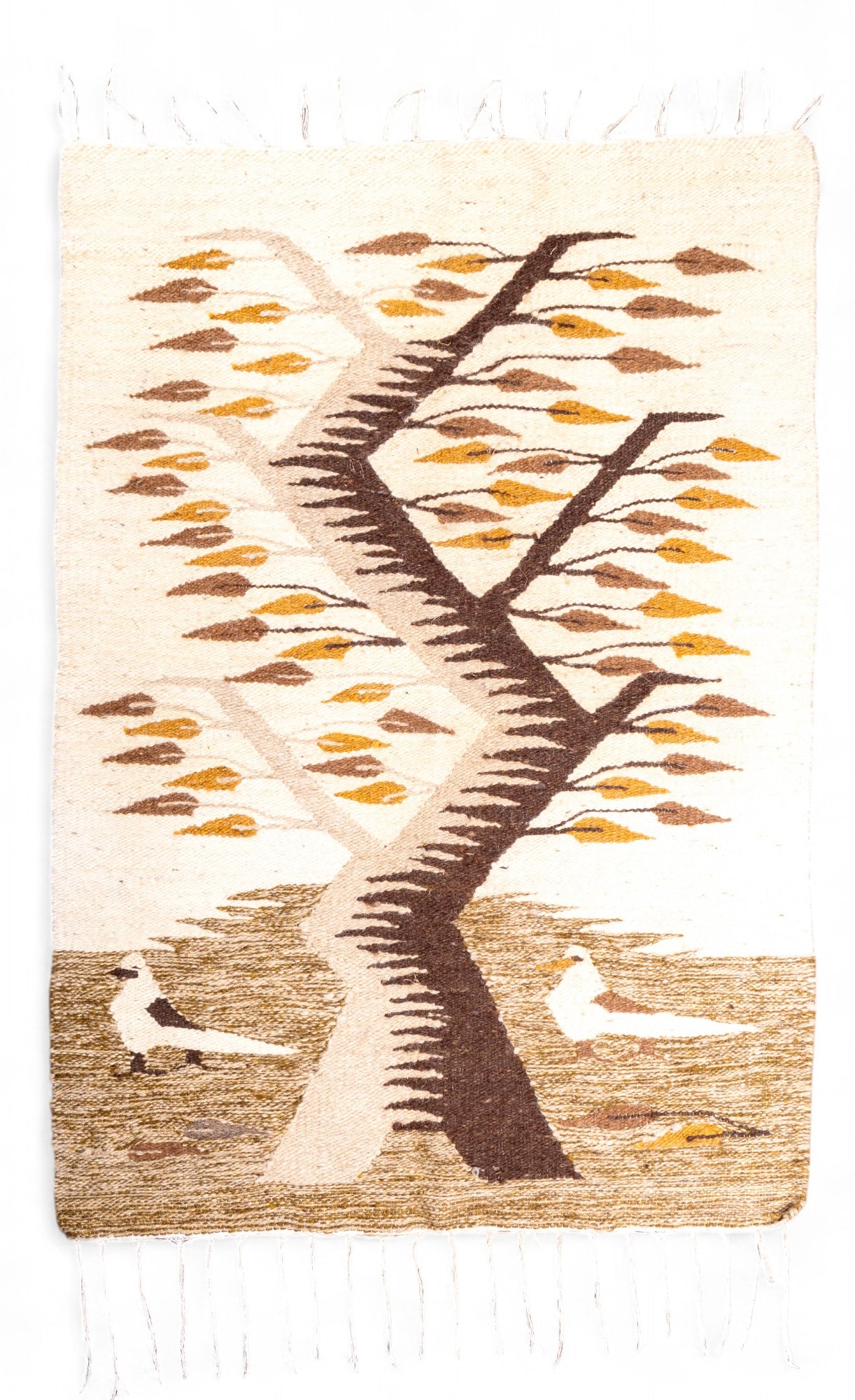Hand Woven Rug with Tree and Bird Motif: Hand woven rug depicting a geometric tree and bird scene, measures approx. 2'5" W x 3'5" L. Appears to be Egyptian due to weave and fringe.