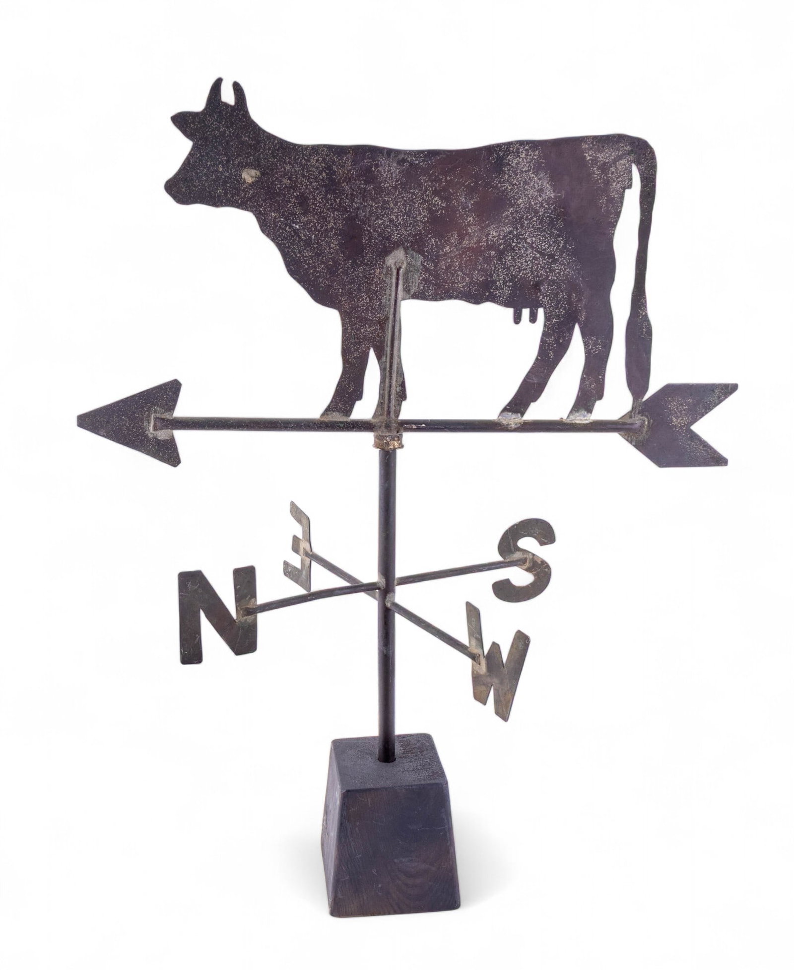 Vintage Cow Weather Vane on Stand: Vintage metal cow weather vane, set in small wood block base, measures altogether approx. 24" H x 18" W. Note some minor oxidization.