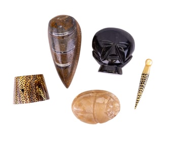 Carved Stone Objects w/ Bust, Scarab, Spear
