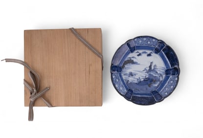 Fukagawa Japanese Blue Export Plate c 1900 w/ Box