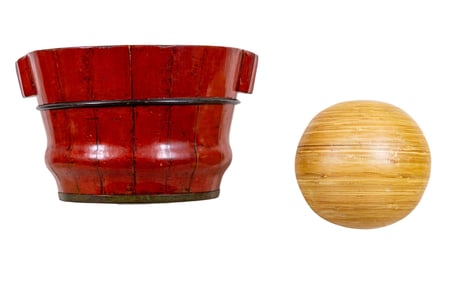 Antique Asian Lacquered Apple Bucket + Wood Sphere
