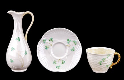 Belleek Shamrock Porcelain Vase & Cup and Saucer