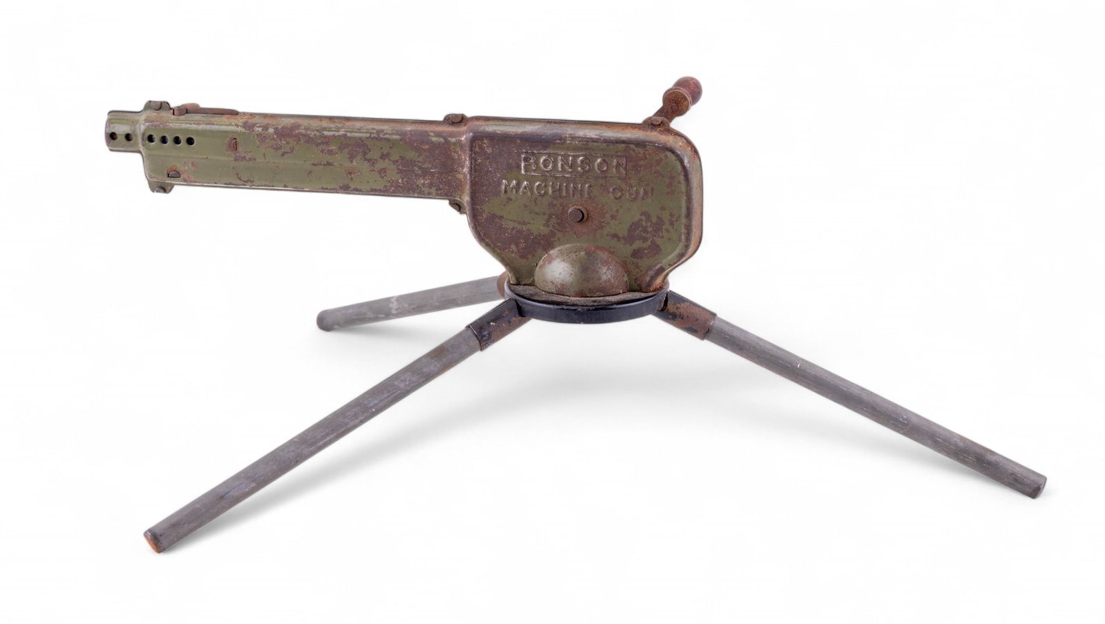 Ronson Early Toy Machine Gun: Early Ronson sparking Army machine gun tin toy, note some moxidization, c. 1920s.