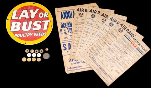Vintage Metal Ad Sign and WW2 Air Raid Posters