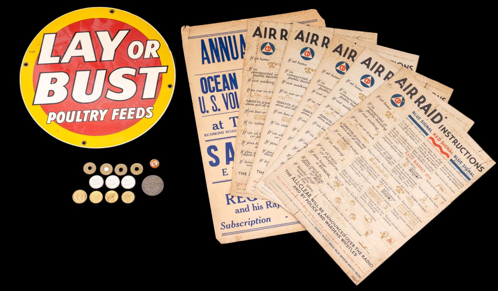 Vintage Metal Ad Sign and WW2 Air Raid Posters: Vintage enamel painted metal 'Lay or Bust Poultry Feed' reproduction advertising sign by Ande Rooney, a vintage community dance poster on board, measures approx. 11" W x 17" H, an assortment of vintag