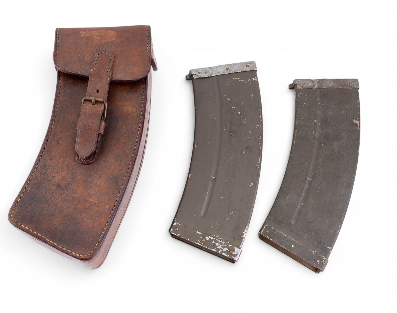 Danish Madsen Machine Gun Magazines (2) & Case: Two Danish Madsen machine gun magazines, each holds 30 rounds, and fine vintage leather belt case. no rounds included.