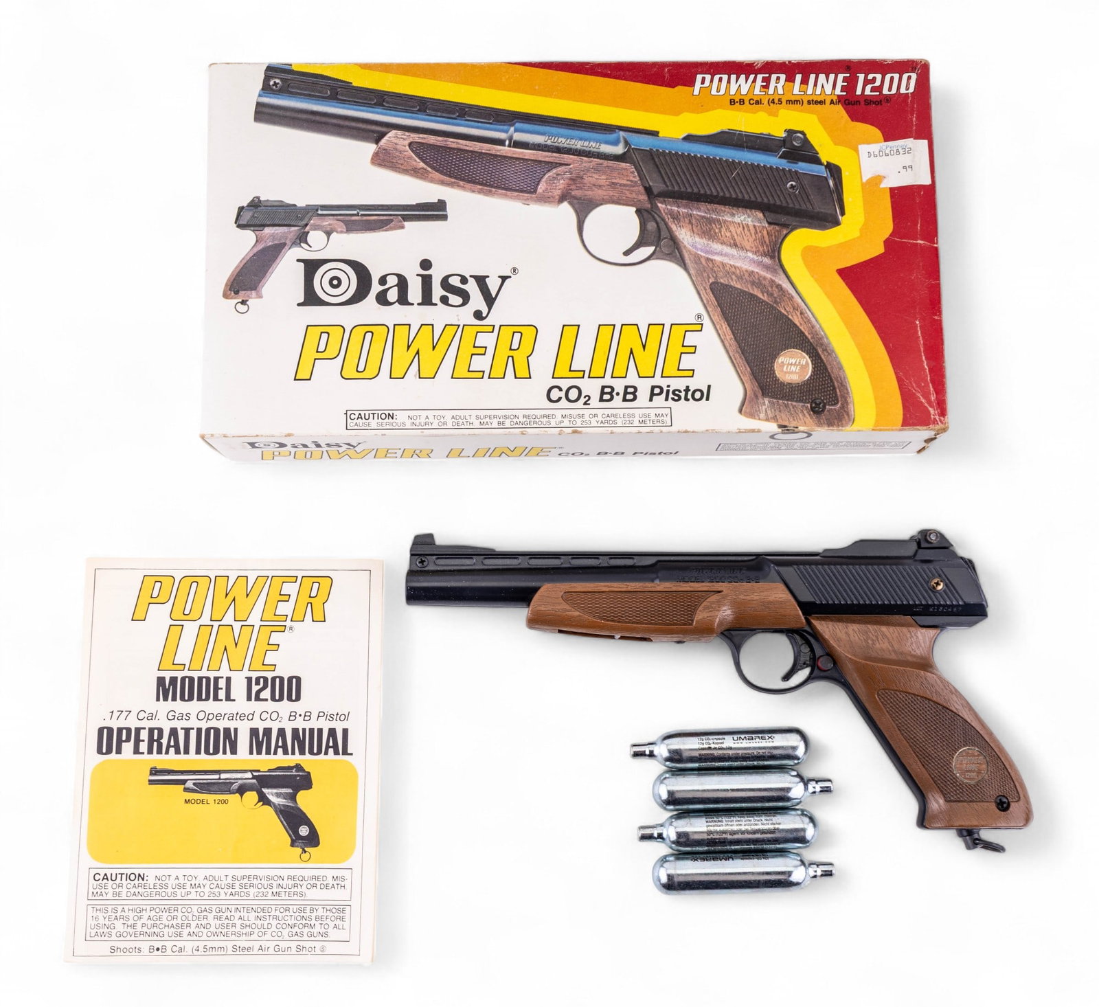 Daisy Power Line 1200 CO2 BB Pistol: Daisy Power Line CO2 BB pistol complete set, in original packaging.