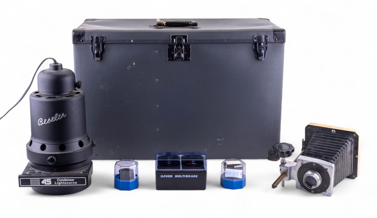 Bessler Light Condenser, Wollensak Raptar, & More: Bessler 45 enlarger condenser light source, untested, Ilford Multigrade enlarger filter set, note one filter missing fram case, Schneider-Kreuznach enlarger lenses, vintage Burke & James Photo Equipme