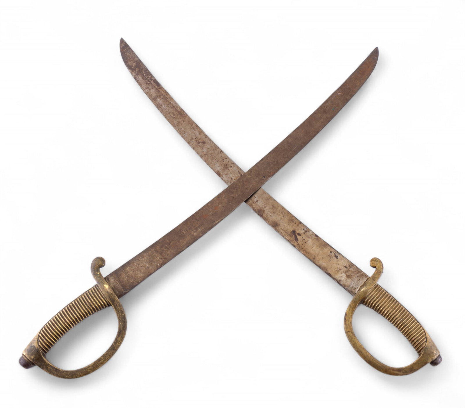 Pair of Marked Brass-Hilted Swords: Pair of vintage short swords, each with single-edged steel blade and brass ribbed grip with D-guard. Both blades bear the marking "CA". Each measures approx. 28.5" total. Blades measure approx. 23".
