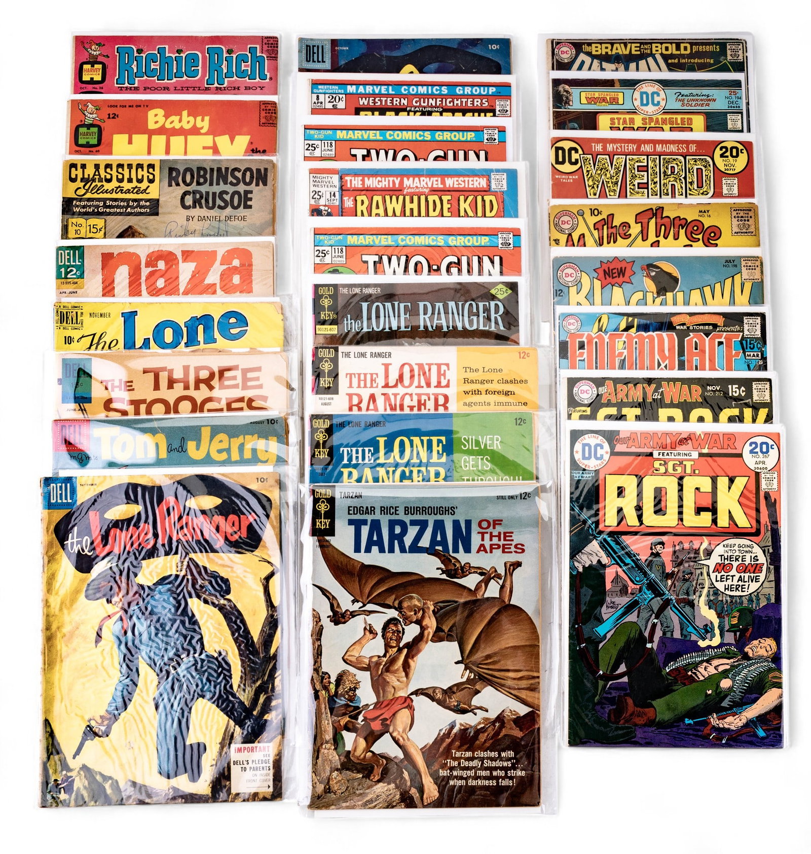 Vintage Comic Books - Marvel, DC, Dell & More: 25 Silver and Bronze Age comics. Includes Marvel Two-Gun Kid and Rawhide Kid issues, DC war titles such as Our Army at War (Sgt. Rock), Enemy Ace, and Blackhawk, plus Dell/Gold Key western and adventu